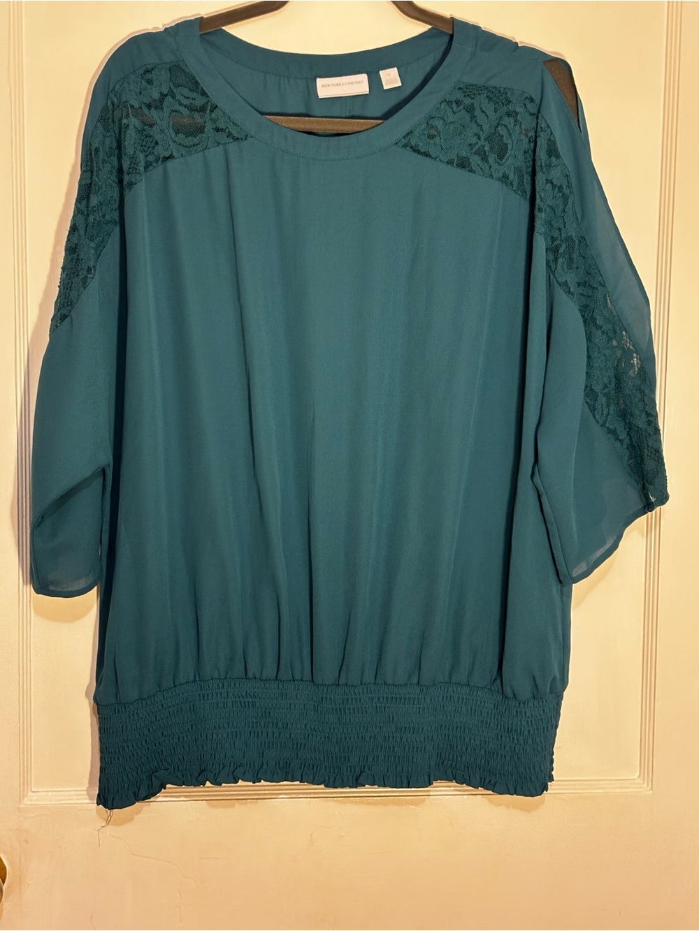 New York & Company Teal Lace-Panel Blouse
